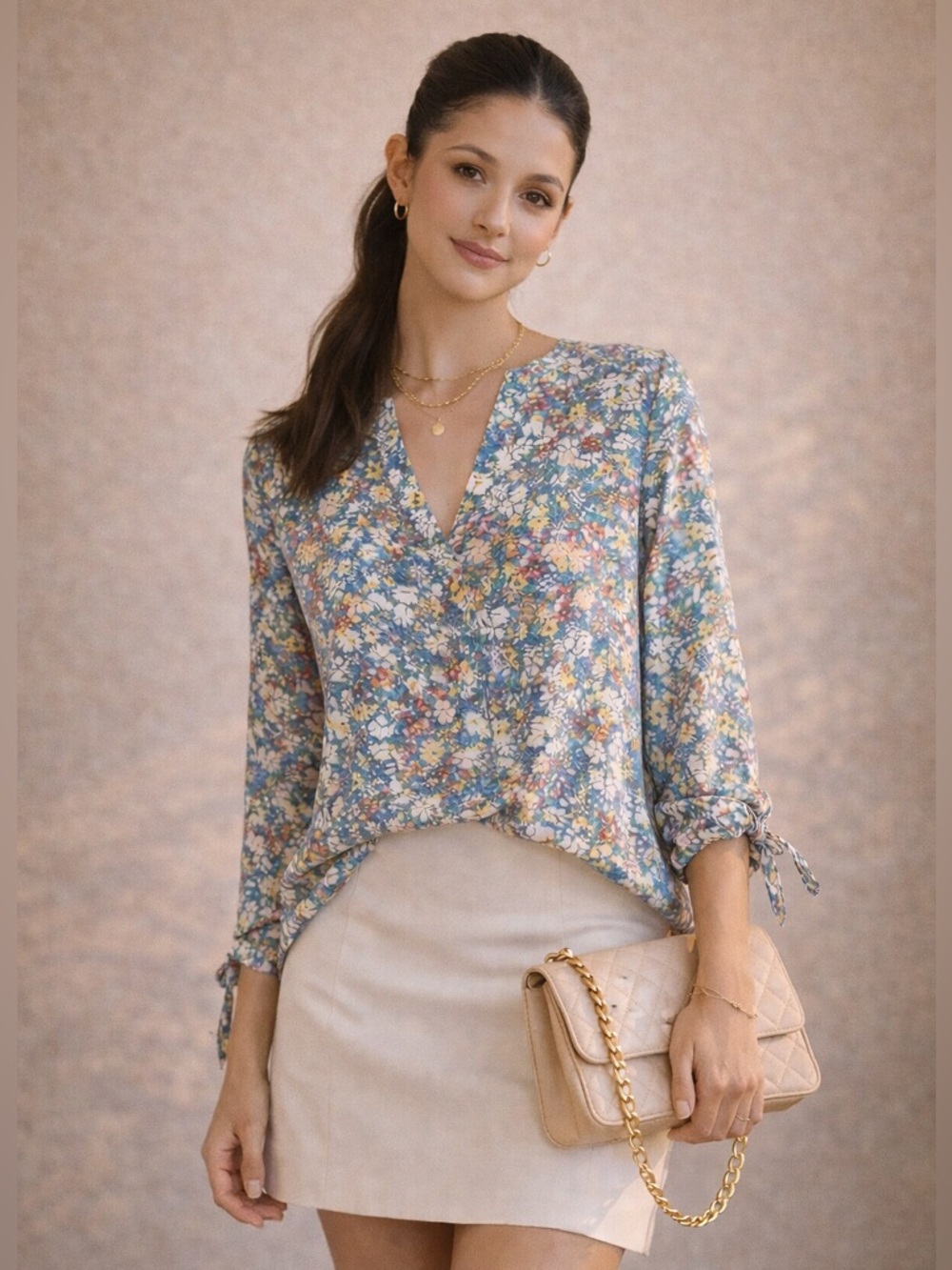 Emerson Rose Floral Blouse Tie Sleeves Size Small